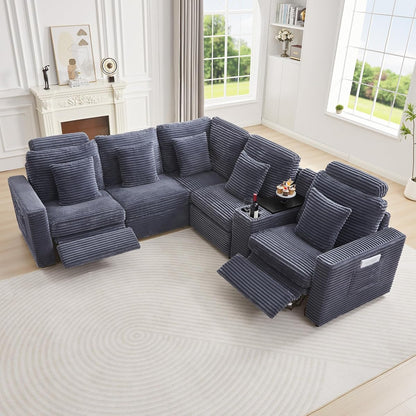 Oversized Modular Sectional Sofa with 2 Power Recliner, 5-Seater L-Shaped Corduroy Reclining Couch with Storage Console Charging Cup Holders, Fluffy Reclining Couches for Living Room,Grey