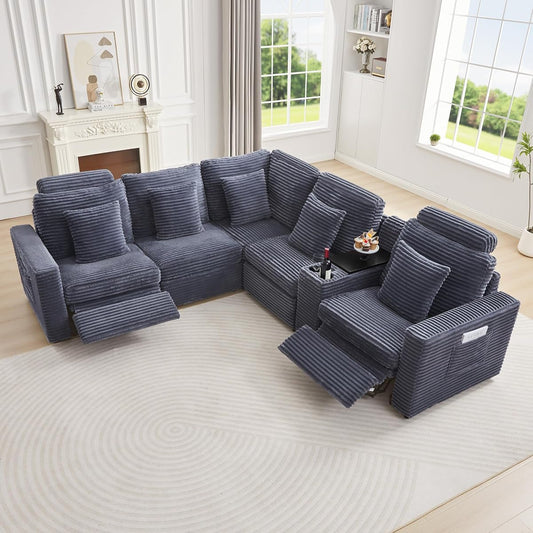 Oversized Modular Sectional Sofa with 2 Power Recliner, 5-Seater L-Shaped Corduroy Reclining Couch with Storage Console Charging Cup Holders, Fluffy Reclining Couches for Living Room,Grey