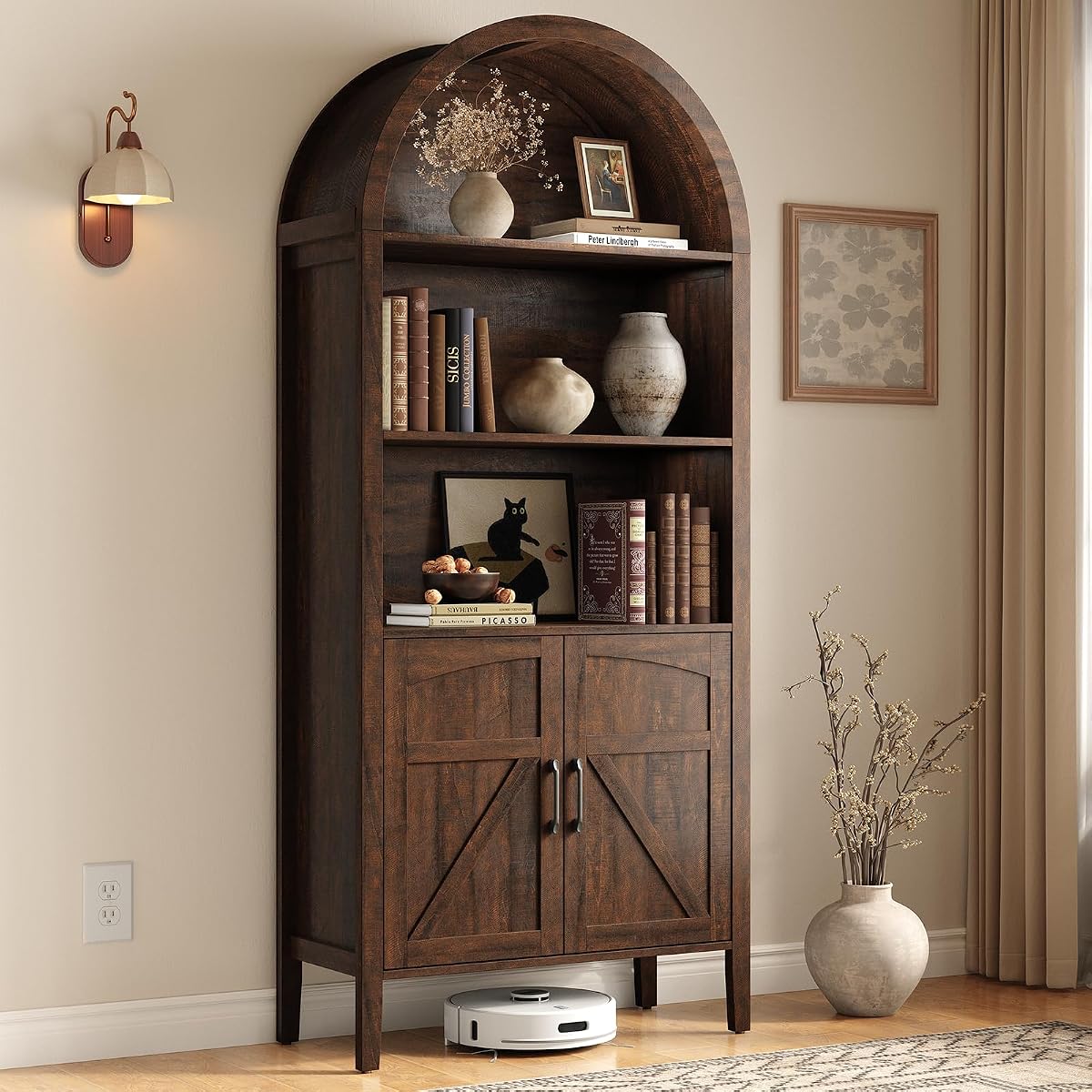Brown 5-tier arched bookshelf with door and adjustable shelves