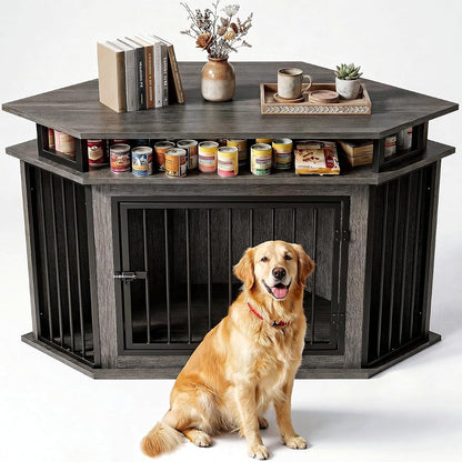51" Corner Dog Crate Furniture with 2-Tier Storage Shelves, Gray