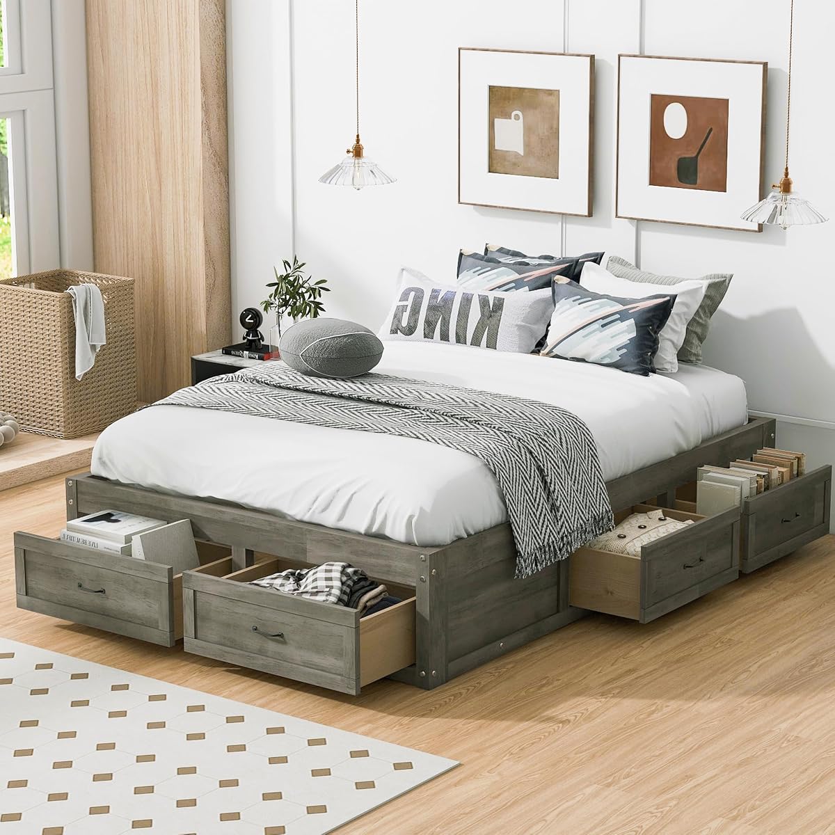 JIVOIT Full Size Bed Frame with 6 Storage Drawers, Wood Platform Bed Frame with Spacious Storage, Wooden Slats Support, No Box Spring Needed, Easy Assembly (Antique Gray/Full)