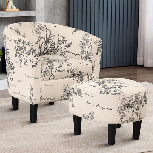 Modern Accent Chair with Ottoman for Small Space, Club Chair with Ottoman Set, Comfy Fabric Barrel Reading Chairs for Living Room Bedroom, Round Reading Chair with Foot Rest, Flower Pattern