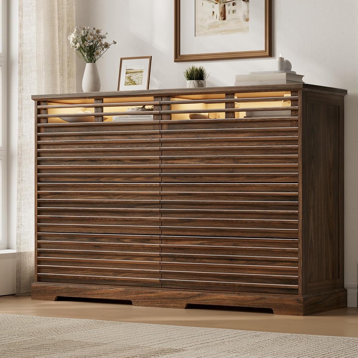 52"W Walnut 8 Drawer Dresser with LED Lights Fluted Dresser for Bedroom