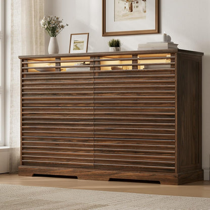 52"W Walnut 8 Drawer Dresser with LED Lights Fluted Dresser for Bedroom