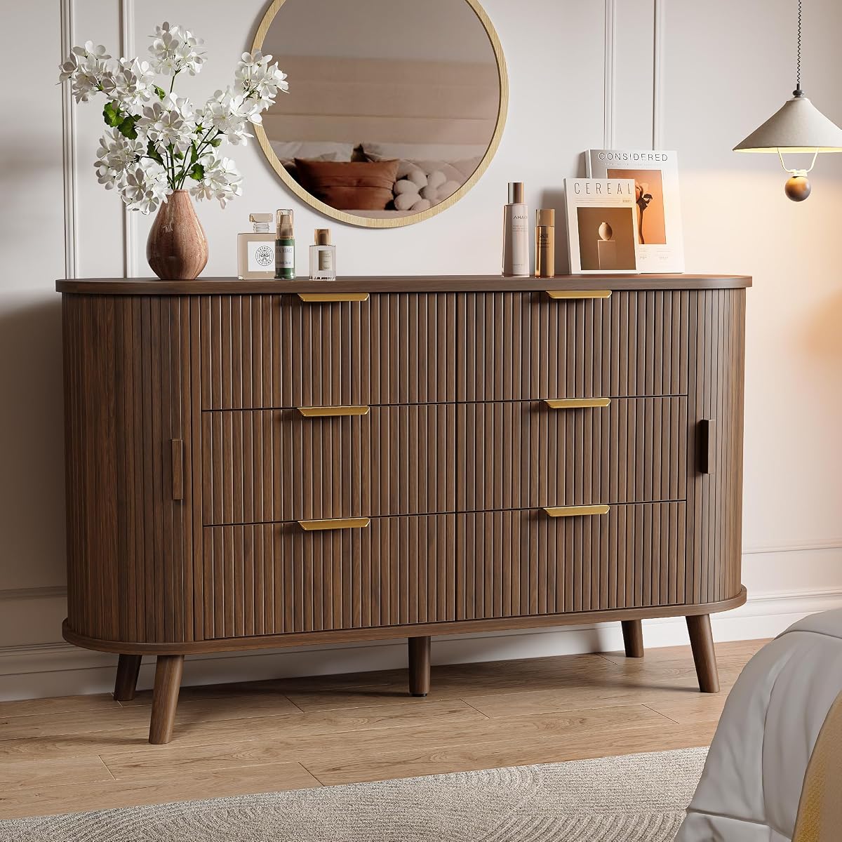 Fluted 6 Drawer Dresser, 55" Mid Century Modern Chest of Drawers