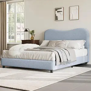 Queen Bed Frame with Boucle Fabric, Blue, view 2