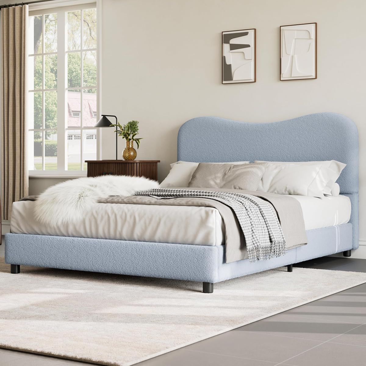 Queen Bed Frame with Boucle Fabric, Blue