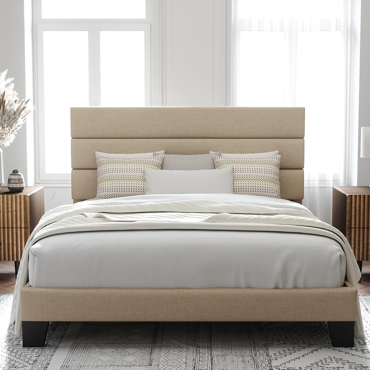 Queen Size Platform Bed Frame with Fabric Upholstered Headboard