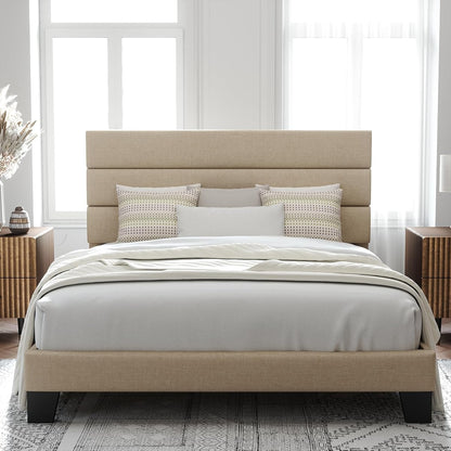 Queen Size Platform Bed Frame with Fabric Upholstered Headboard