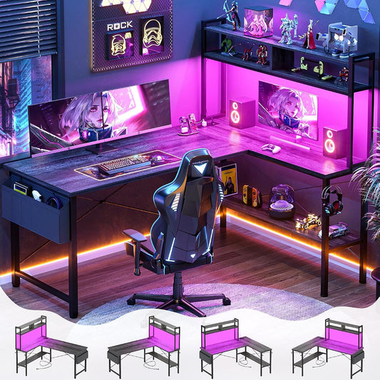59" L Shaped Desk Gaming Desk with LED Light & Power Outlet