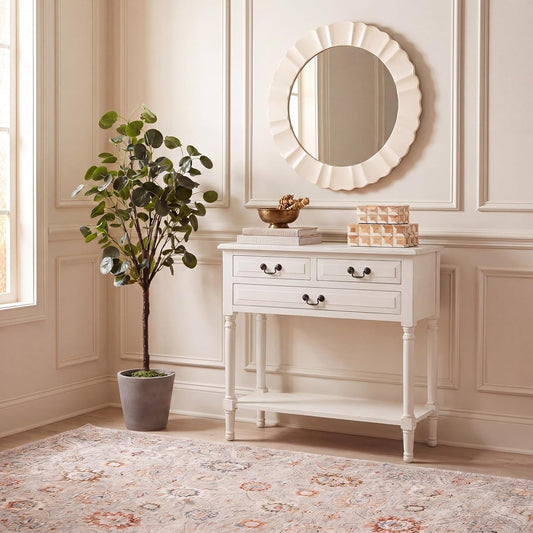 SAFAVIEH Furniture - Primrose 3-Drawer Console Table - Distressed White - Solid Wood - Farmhouse Classic Design - Ideal for Entryway, Living Room, Hallway, 23.5" W x 13" D x 29.5" H (CNS5707A)