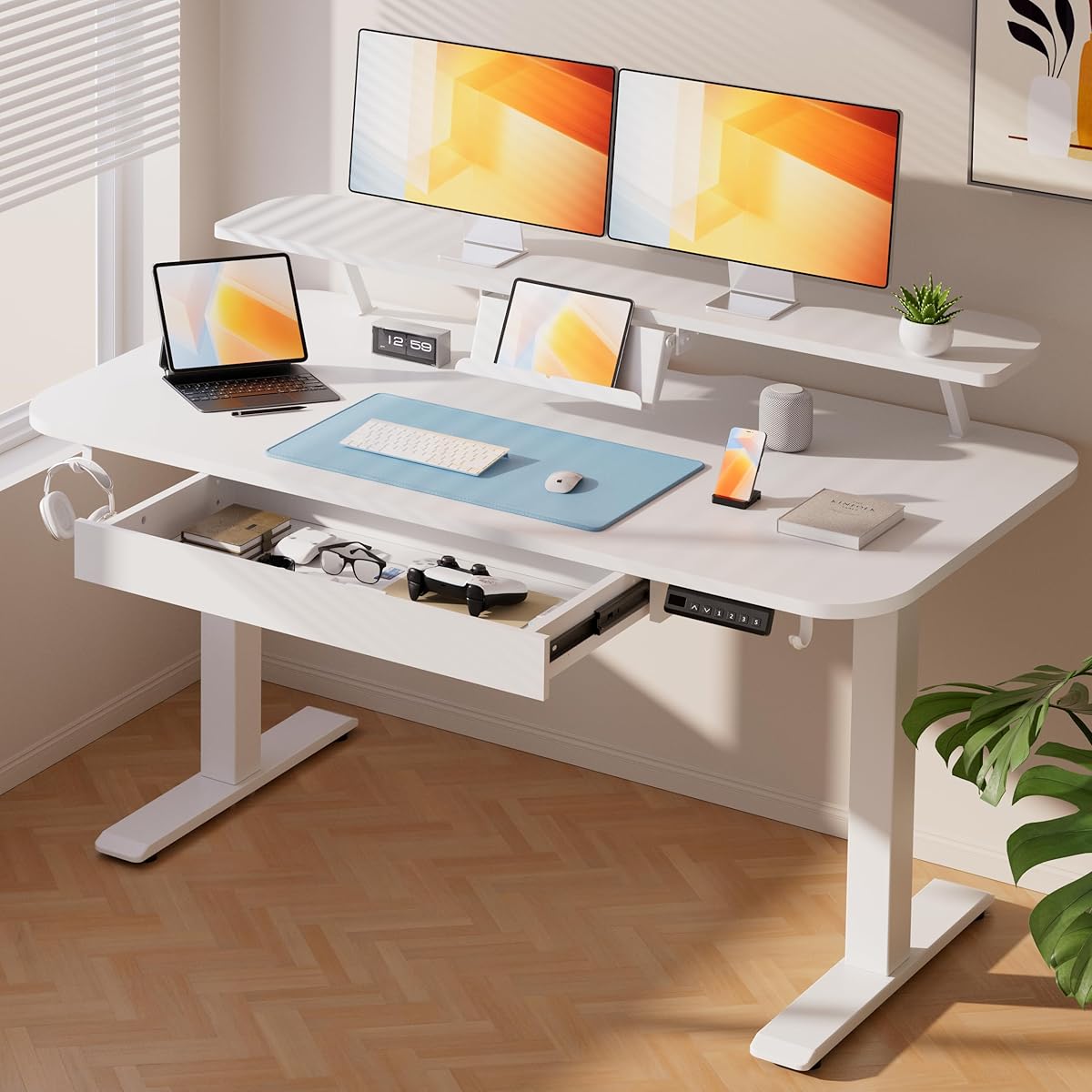 Electric Standing Desk with Drawers, 48 x 24'' Sit Stand up Desk with Monitor Stand, Laptop Stand, Height Adjustable Ergonomic Home Office Computer Desk with Memory Preset Controller