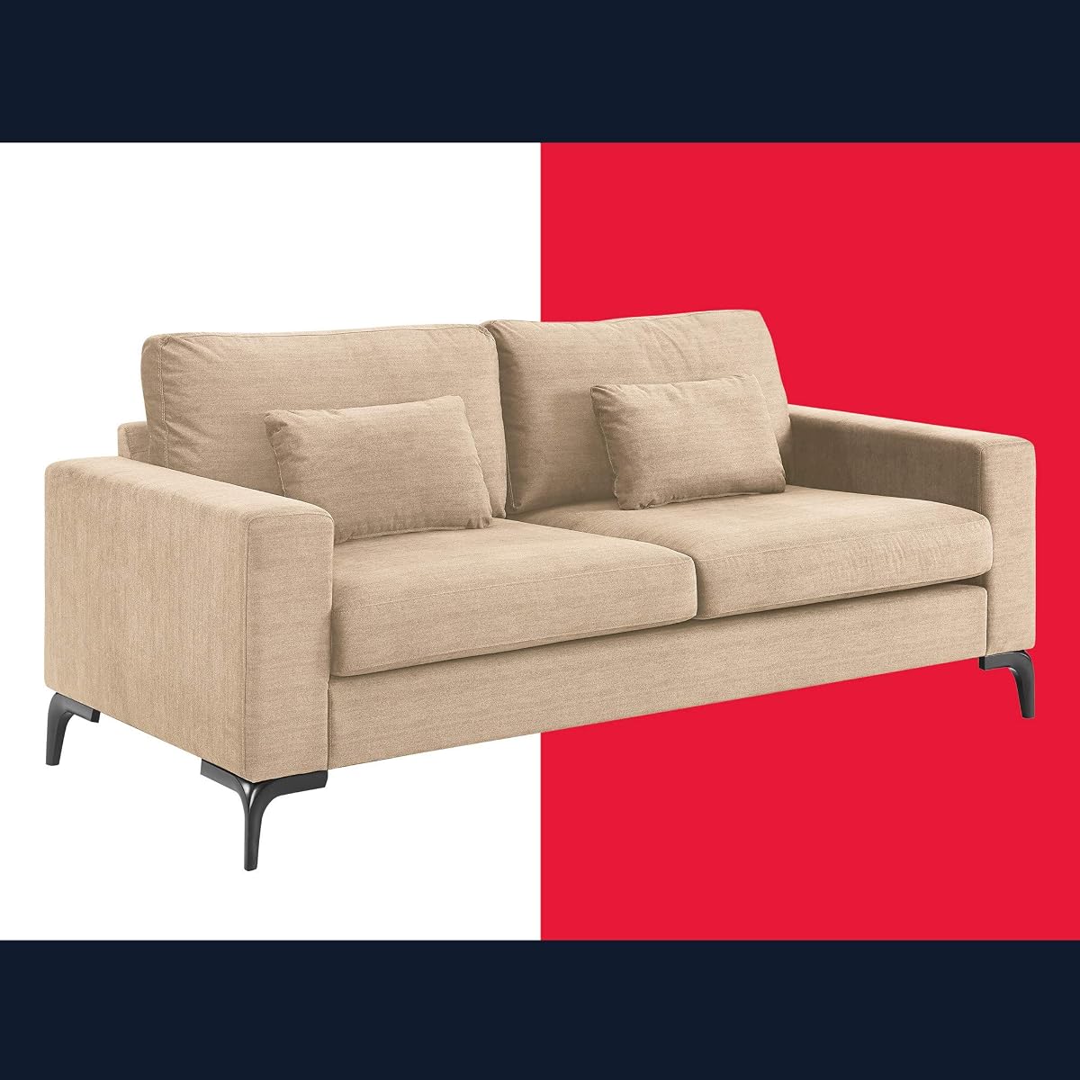 Tommy Hilfiger Austin Upholstered Sofa, Contemporary Square Arms Living Room Couch for Small Space, Plush Cushions, Wooden Frame and Legs, American Cream