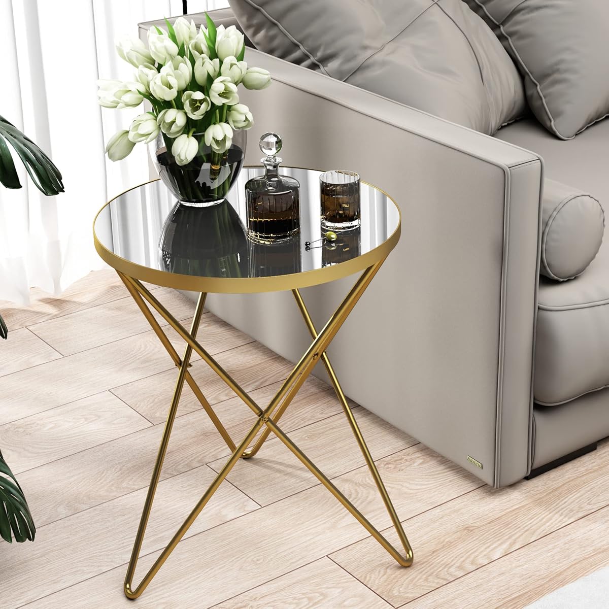 Modern Round Side Table, End Table with Marble Effect Top and Gold Metal Frame