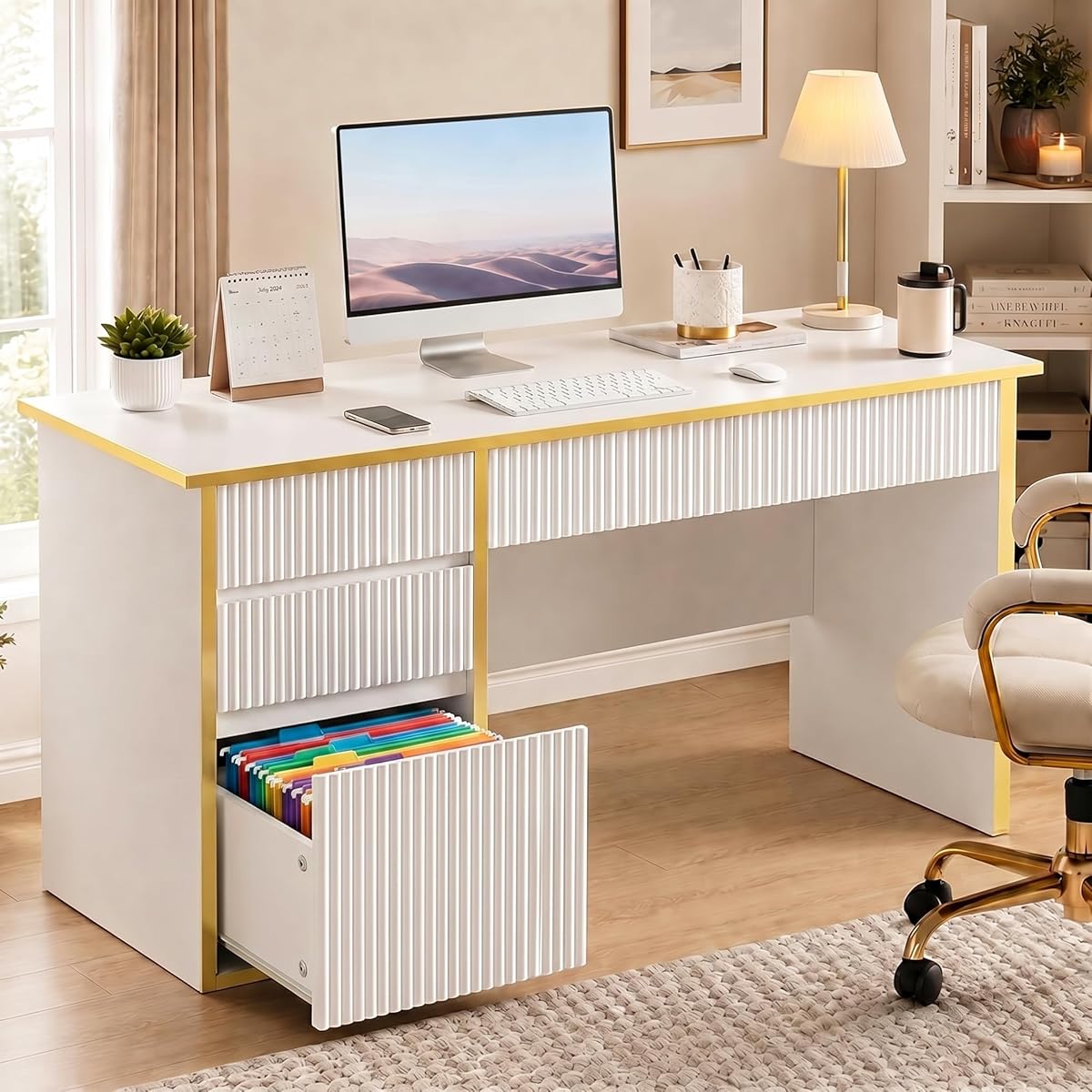 White Desk with Drawers, 47'' Computer Desk with 4 Drawers for Small Spaces, Small Office Desk with File Drawer for Study Room, Bedroom, White and Gold Desk