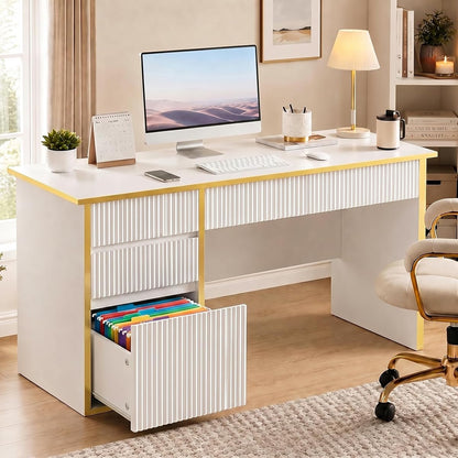 White Desk with Drawers, 47'' Computer Desk with 4 Drawers for Small Spaces, Small Office Desk with File Drawer for Study Room, Bedroom, White and Gold Desk