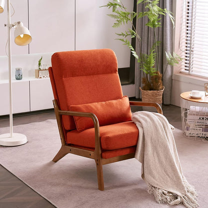 Accent Chair High Back Mid-Century Modern, Burnt Orange | Linen Fabric Upholstered, Walnut Color Solid Rubber Wood Frame, Soft Cushion with Pillow, For Living Room, Bedroom, Balcony