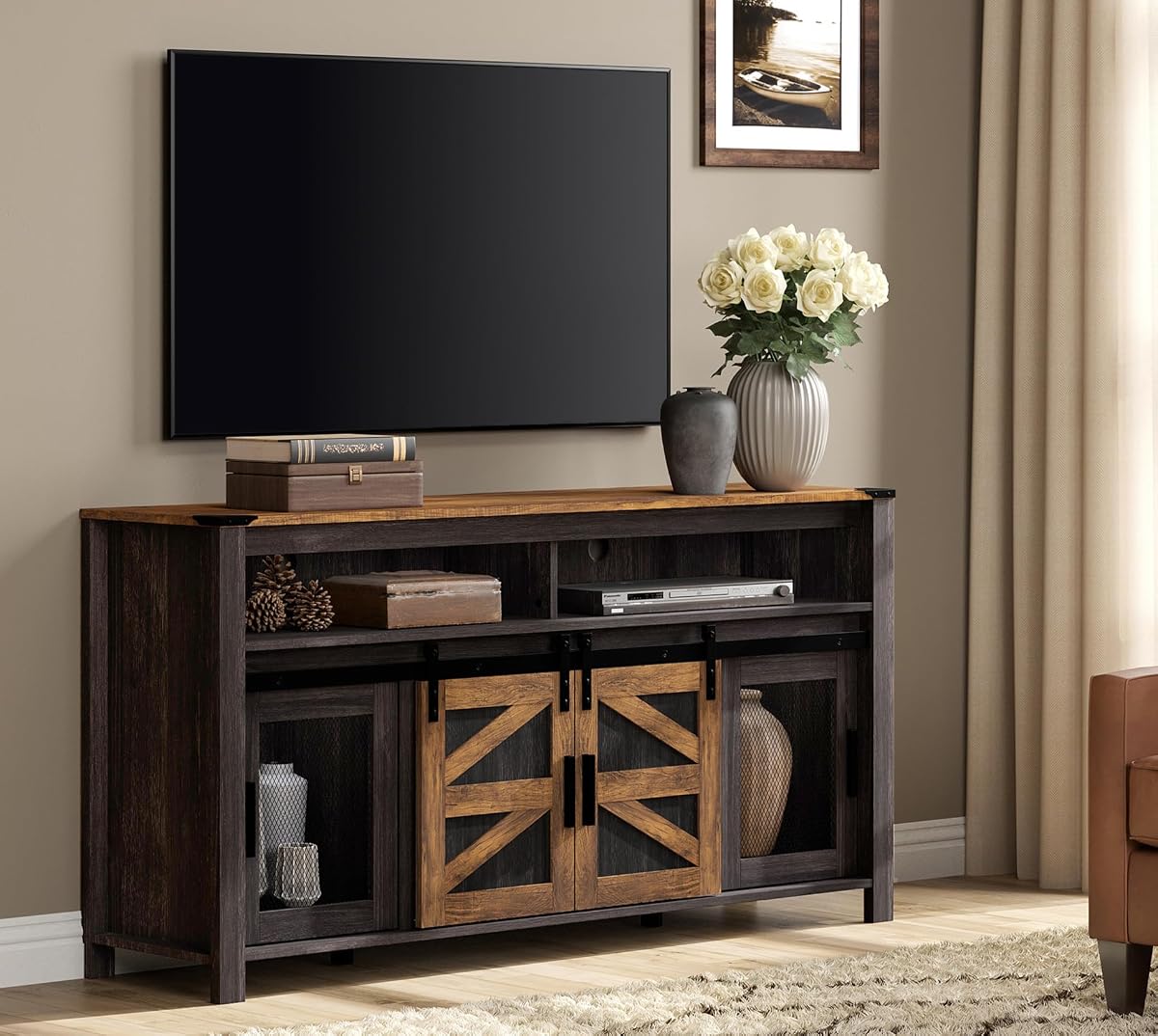 Farmhouse Entertainment Center for 65 Inch TVs, 59" Barn Door TV Stand with Sliding Barn Doors & Mesh Accents, Adjustable Farmhouse TV Stand with Storage for Living Room, Dark Walnut and Black