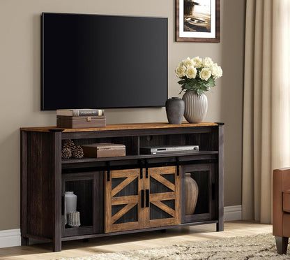 Farmhouse Entertainment Center for 65 Inch TVs, 59" Barn Door TV Stand with Sliding Barn Doors & Mesh Accents, Adjustable Farmhouse TV Stand with Storage for Living Room, Dark Walnut and Black