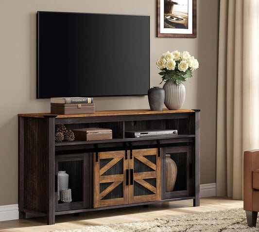 Farmhouse Entertainment Center for 65 Inch TVs, 59" Barn Door TV Stand with Sliding Barn Doors & Mesh Accents, Adjustable Farmhouse TV Stand with Storage for Living Room, Dark Walnut and Black