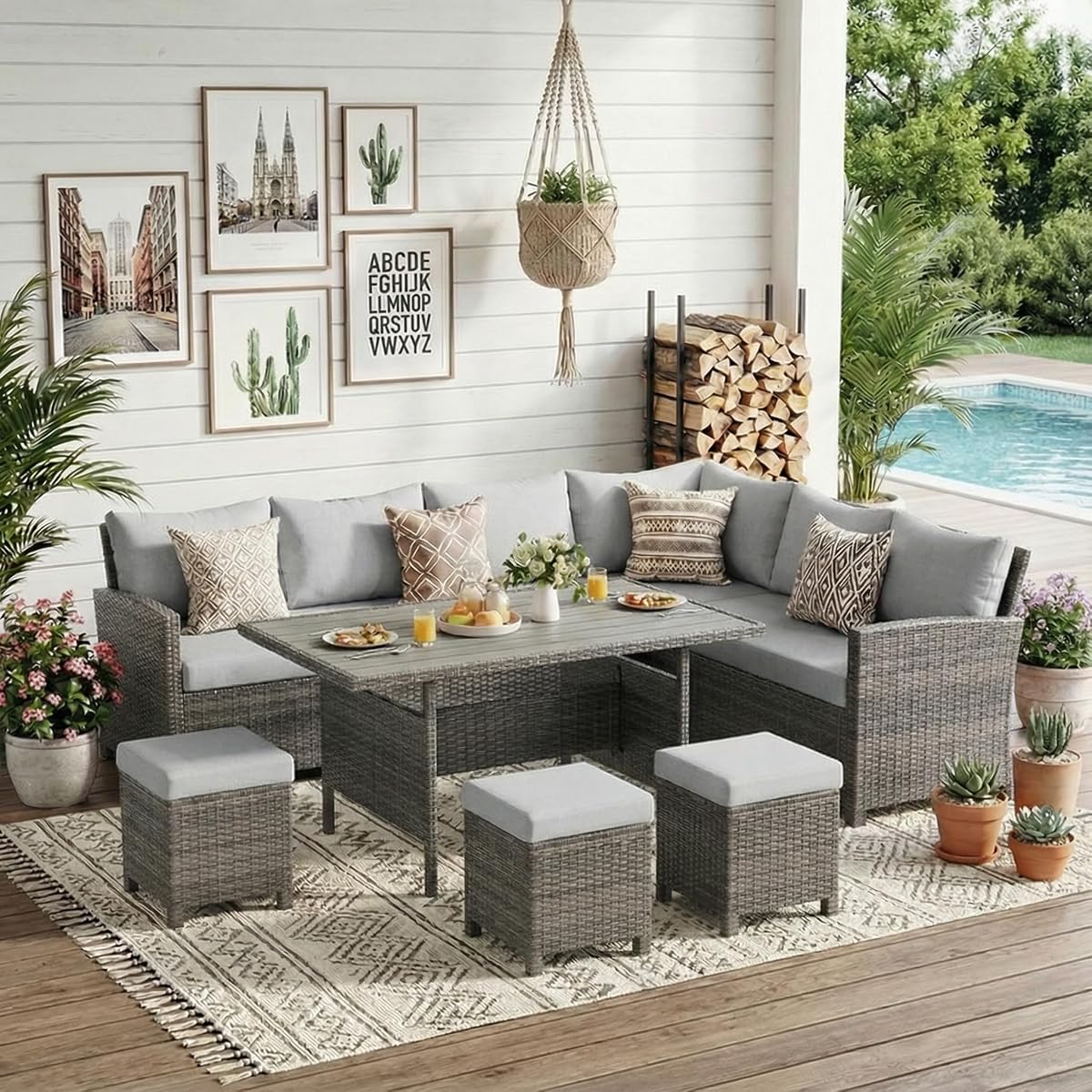 7 Piece Patio Furniture Set, High Curved Back Wicker Outdoor Dining Set, All Weather Patio Sectional, Outdoor Furniture Patio Conversation Set with Ottoman, Ash Gray