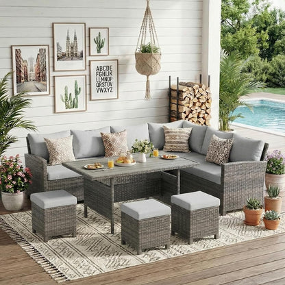 7 Piece Patio Furniture Set, High Curved Back Wicker Outdoor Dining Set, All Weather Patio Sectional, Outdoor Furniture Patio Conversation Set with Ottoman, Ash Gray