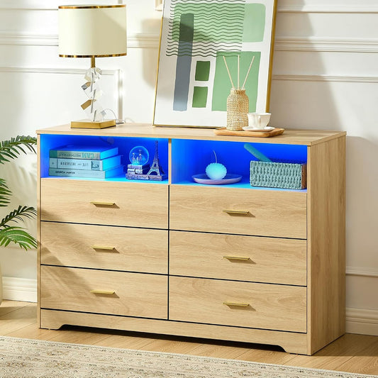 Natural Oak Dresser for Bedroom, Wood Dresser with 6 Drawers, Modern Minimalist Dressers & Chest of Drawers with Charging Station & LED Lights, 48 Inches TV Stand for Bedroom, Living Room