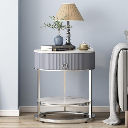 End Table with Sintered Stone Tabletop, Side Table with Drawer, Silver | 2 Tier Nightstand with Shelf, Round Table, Storage, Shelf, Chrome Legs, Marbling Natural Stone, Living Room, Bedroom, Office
