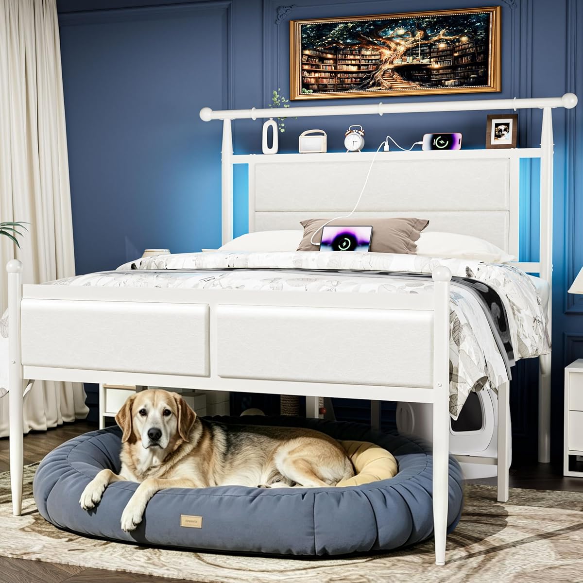 Full Size Metal Bed Frame with Upholstered Headboard and Led Lights, White
