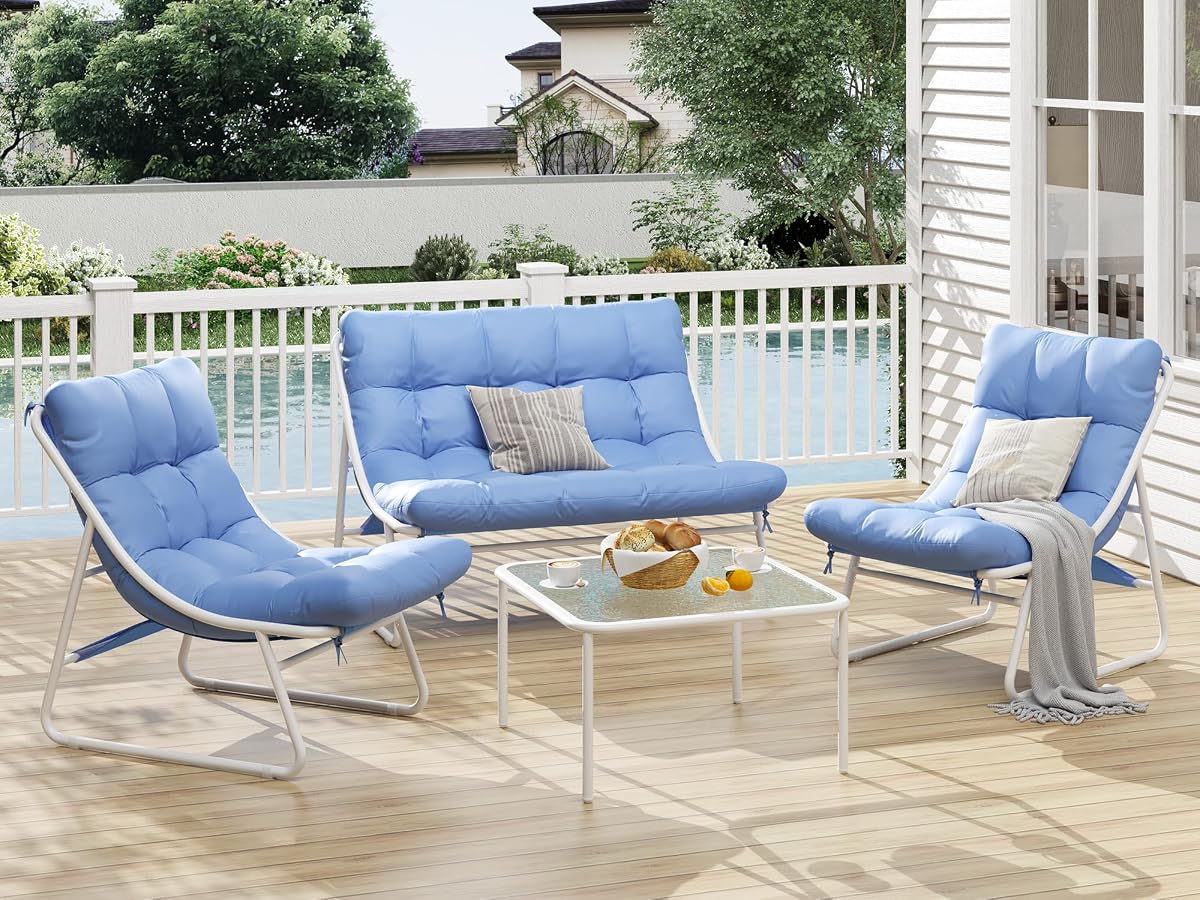 Patio Furniture Set, 4-Piece Outdoor Patio Conversation Set, 2-in-1 Metal Patio Sofa Sets with Cushions & Glass Coffee Tablefor Backyard, Garden, Porch, Poolside, White & Blue