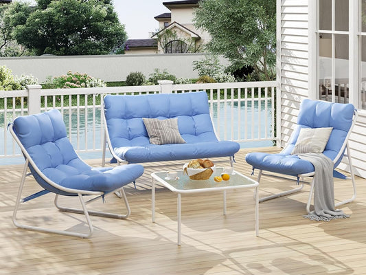 Patio Furniture Set, 4-Piece Outdoor Patio Conversation Set, 2-in-1 Metal Patio Sofa Sets with Cushions & Glass Coffee Tablefor Backyard, Garden, Porch, Poolside, White & Blue
