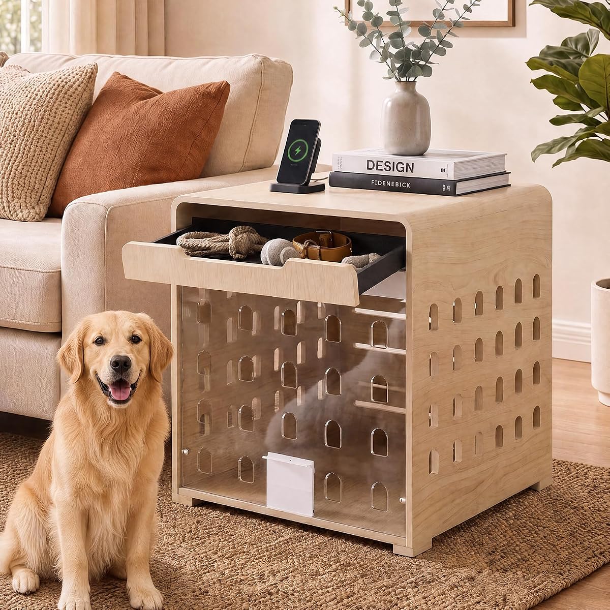 Modern Dog Crate Furniture Wooden Kennel Charging Station End Table Oak
