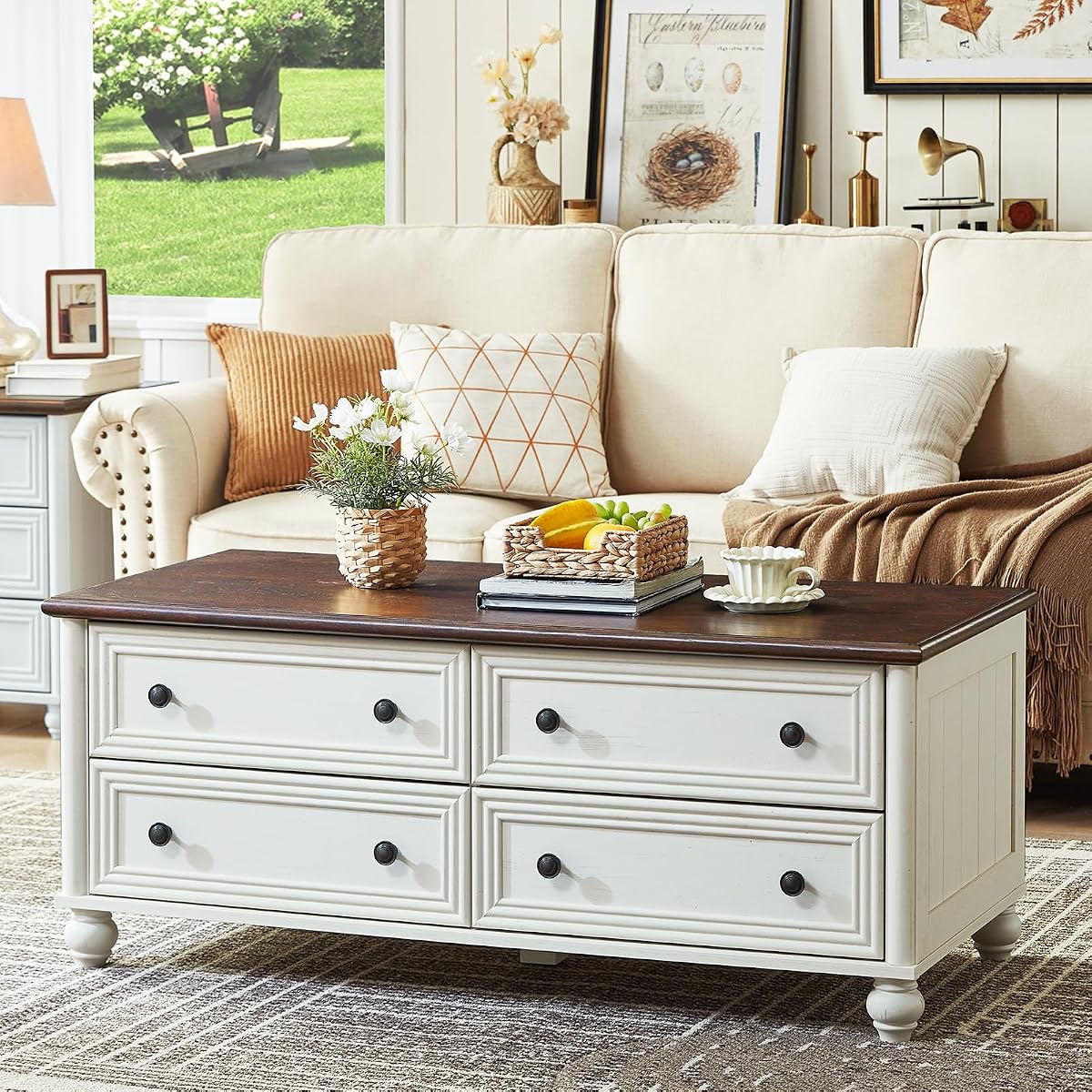 48" Farmhouse Coffee Table with Hidden Storage,Wooden Coffee Tables with 4 Drawers & Roman Column Handle,Rectangular Rustic Center Table with Solid Wood Curved Base for Living Room,Office,White