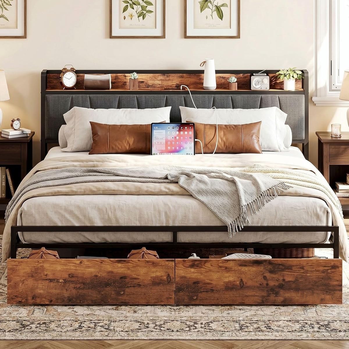 King Size Bed Frame with 2 Drawers and Charging Station