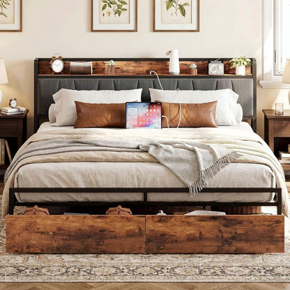 King Size Bed Frame with 2 Drawers and Charging Station