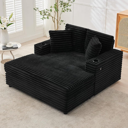60" Oversized Corduroy Chaise Lounge Chair,Black Indoor Sleeper Sofa