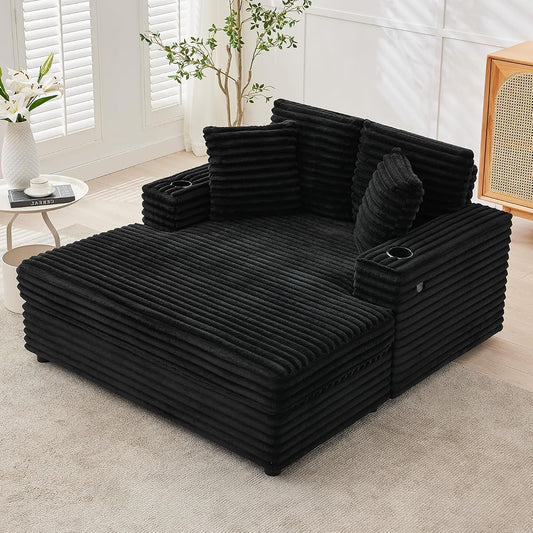 60" Oversized Corduroy Chaise Lounge Chair,Black Indoor Sleeper Sofa