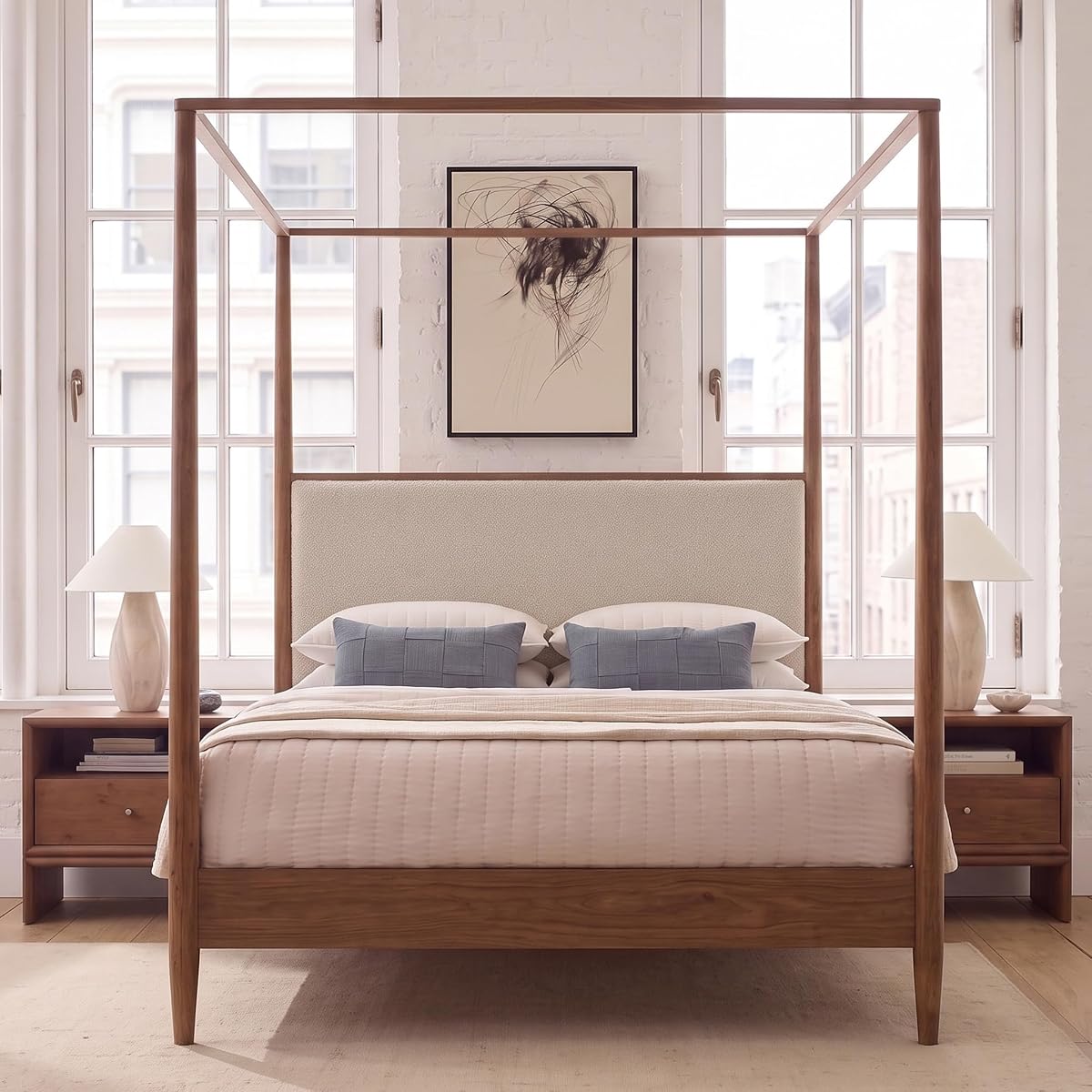 RuiSiSi Queen Size Canopy Bed Frame with Boucle Headboard