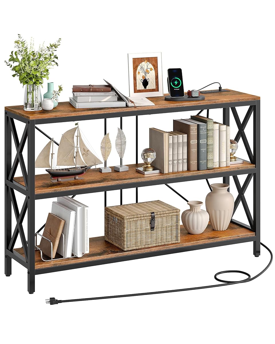 47.2" Console Table with Charging Station, 3-Tier Entryway Table, Industrial Sofa Desk, Hallway Desk with 2 AC Outlets and 2 USB Ports Metal Frame, Rustic Brown and Black TXG01UBF