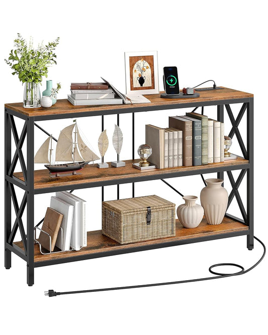 47.2" Console Table with Charging Station, 3-Tier Entryway Table, Industrial Sofa Desk, Hallway Desk with 2 AC Outlets and 2 USB Ports Metal Frame, Rustic Brown and Black TXG01UBF
