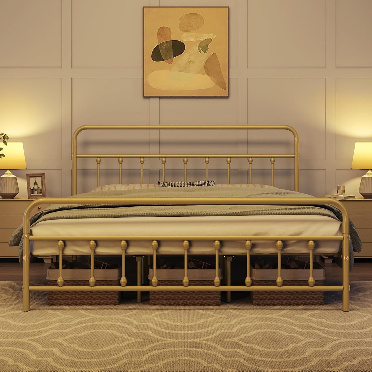 King Metal Bed Frame, Victorian Style Headboard, Antique Gold