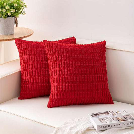 Pack of 2 Christmas Red Corduroy Decorative Throw Pillow Covers 18x18 InchSoft