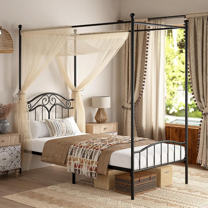 Metal Twin Canopy Bed Frame with Headboard and Footboard