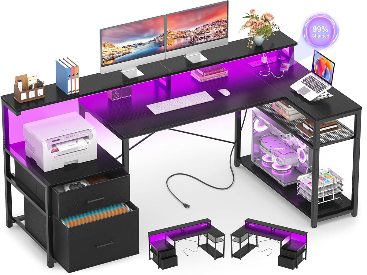 L Shaped Desk with File Drawer, Reversible L Shaped Gaming Desk