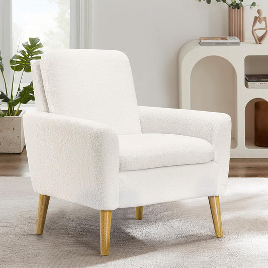 Sherpa Accent Chair, Modern White Teddy Fabric Upholstered Comfortable Armchair, Comfy Reading Leisure Chairs for Bedroom, Living Room, Home Office, Small Sofa Chair with Wood Legs