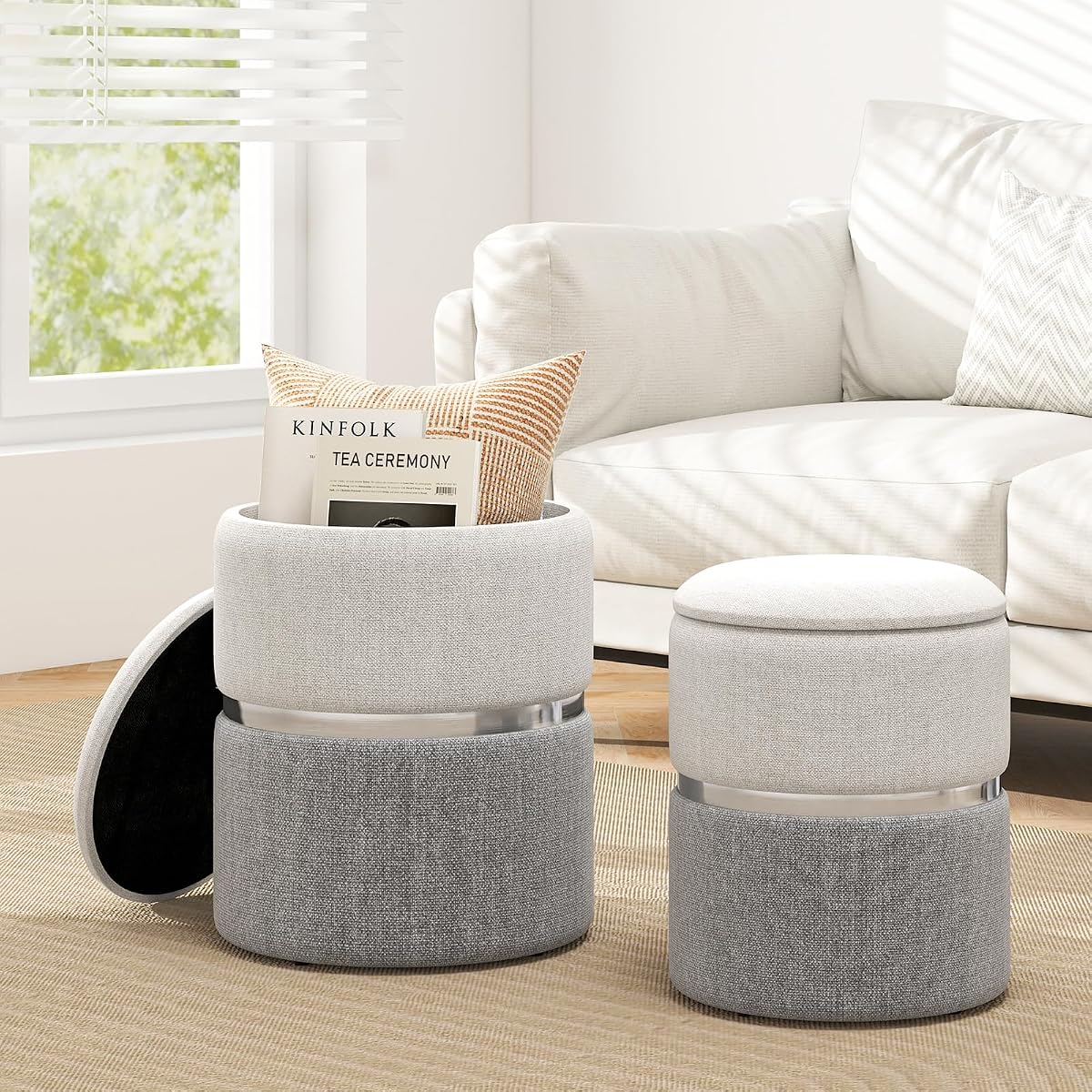 Ottoman with Storage - Set of 2 Storage Ottomans, 1 Large & 1 Small Nesting Ottoman Side Table, Upholstered Linen Round Foot Rest Vanity Stool for Bedroom Living Room (Gray)