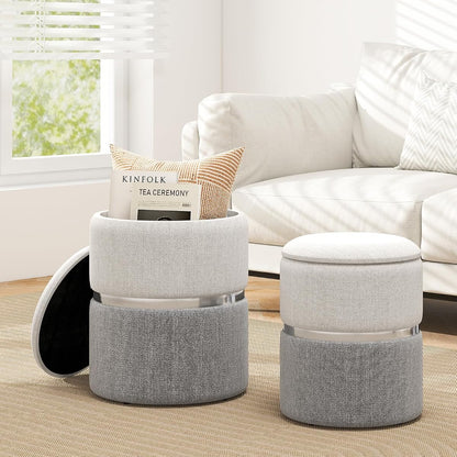 Ottoman with Storage - Set of 2 Storage Ottomans, 1 Large & 1 Small Nesting Ottoman Side Table, Upholstered Linen Round Foot Rest Vanity Stool for Bedroom Living Room (Gray)