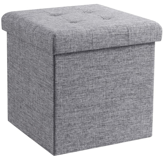Folding Storage Ottoman, 15 Inch Storage Cube with Lid, Foot Rest Stool for Bedroom, Living Room, Entryway, Tufted Linen Upholstered - Gray