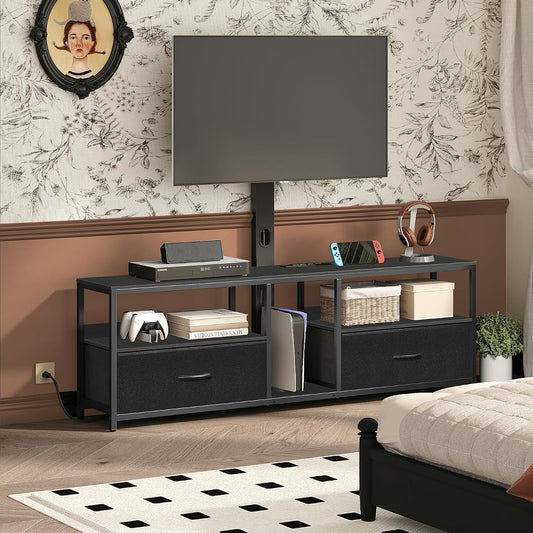 TV Stand with Mount for up to 75", Entertainment Center with Switch-Controlled Charging Station, Swivel TV Stand Mount with Fabric Drawers, for Living Room, Black TVBK154E01N2