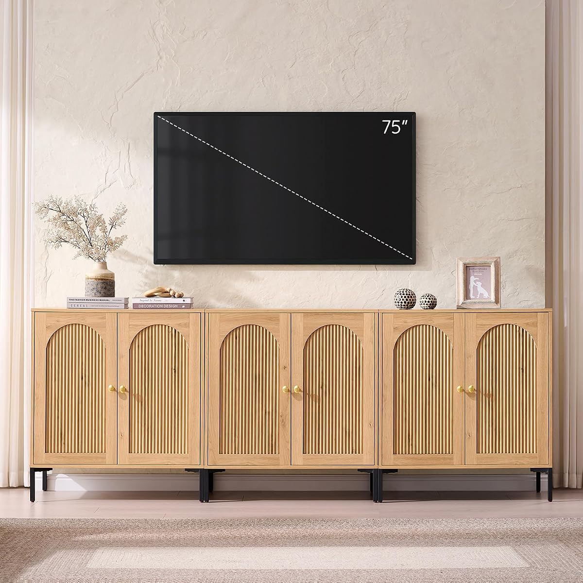 92.63" W Mid Century Modern TV Stands for Living Room, Natural Oak